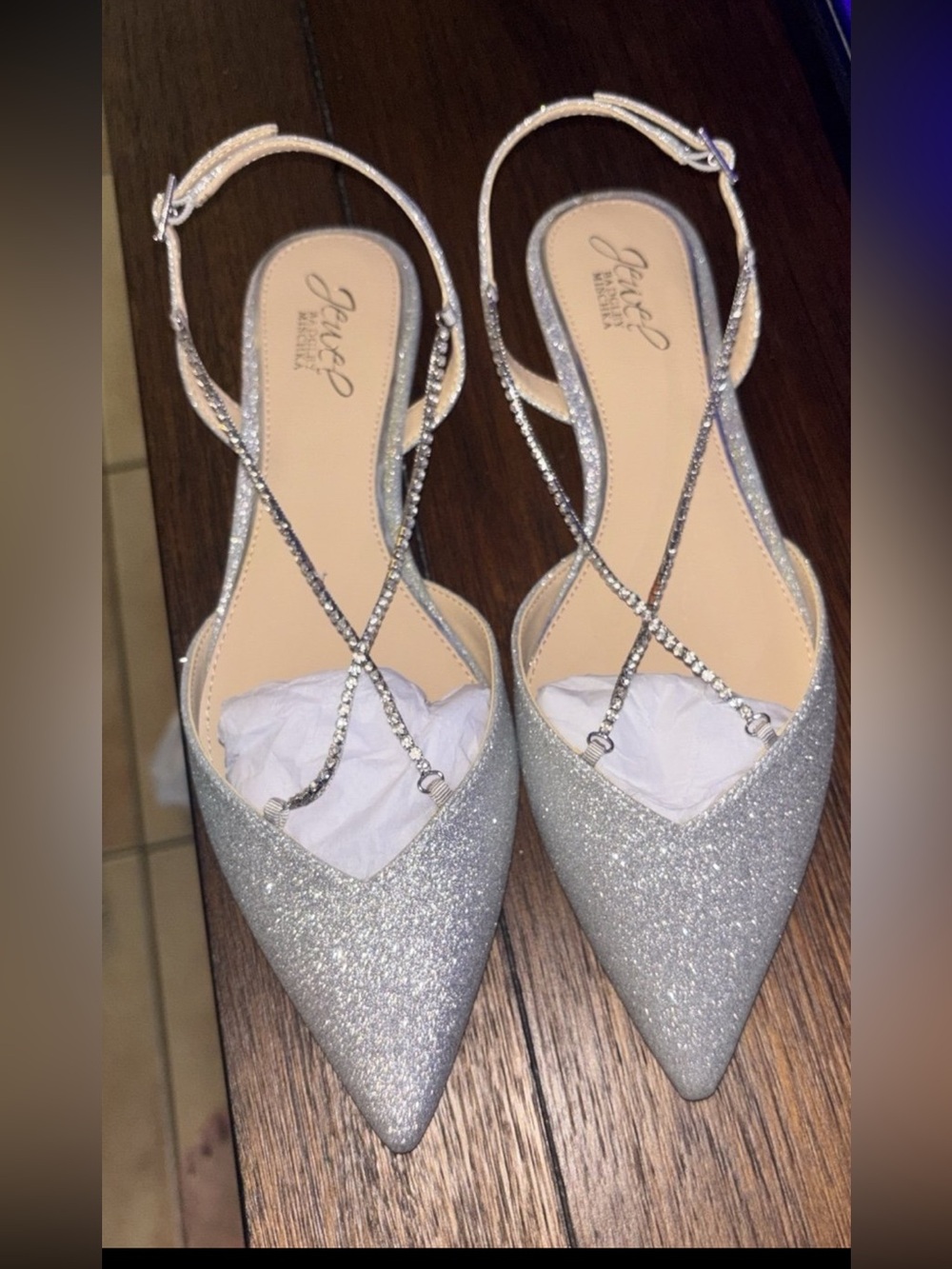 Jewel Badgley Mischka Silver Glitter Pointed Slingback Flats size 8.5 BNWT